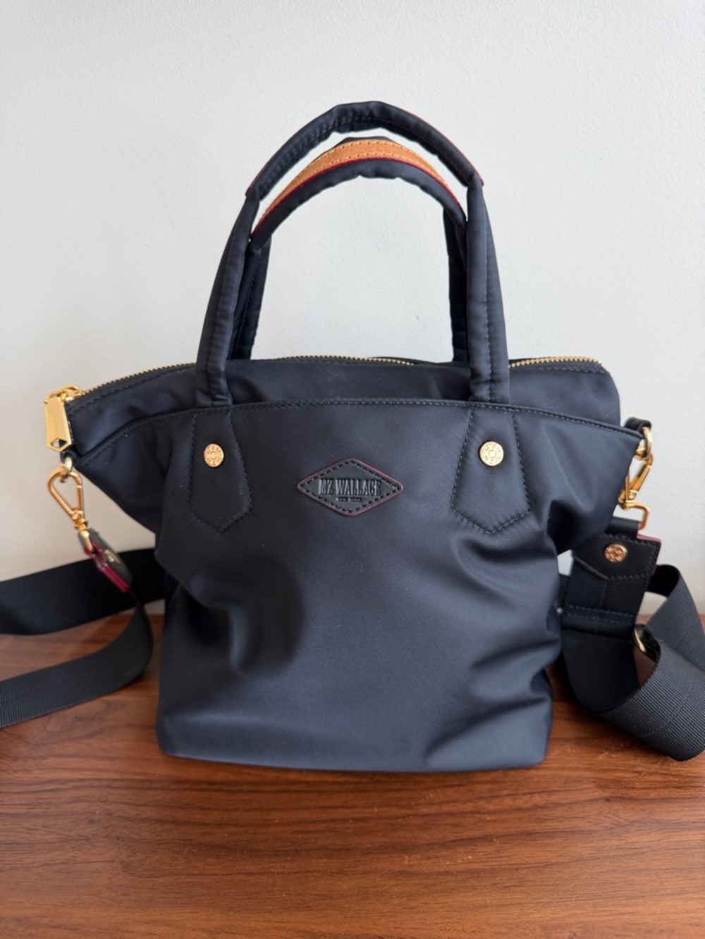 MZ Wallace Black Nylon Bag with Handles, Crossbody Strap and Gold Hardware